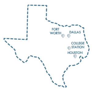 A transparent image of the state of Texas showing the various cities Original ChopShop is located in