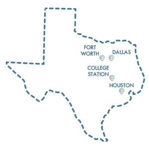 A transparent image of Texas showing the cities that Original ChopShop is located in