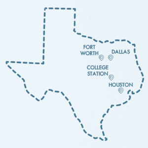 A image of Texas showing the cities that Original ChopShop is located in