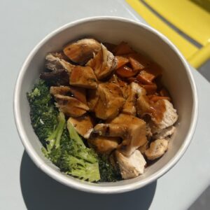 A Kids Teriyaki Chicken Protein Bowl on a table from Original ChopShop