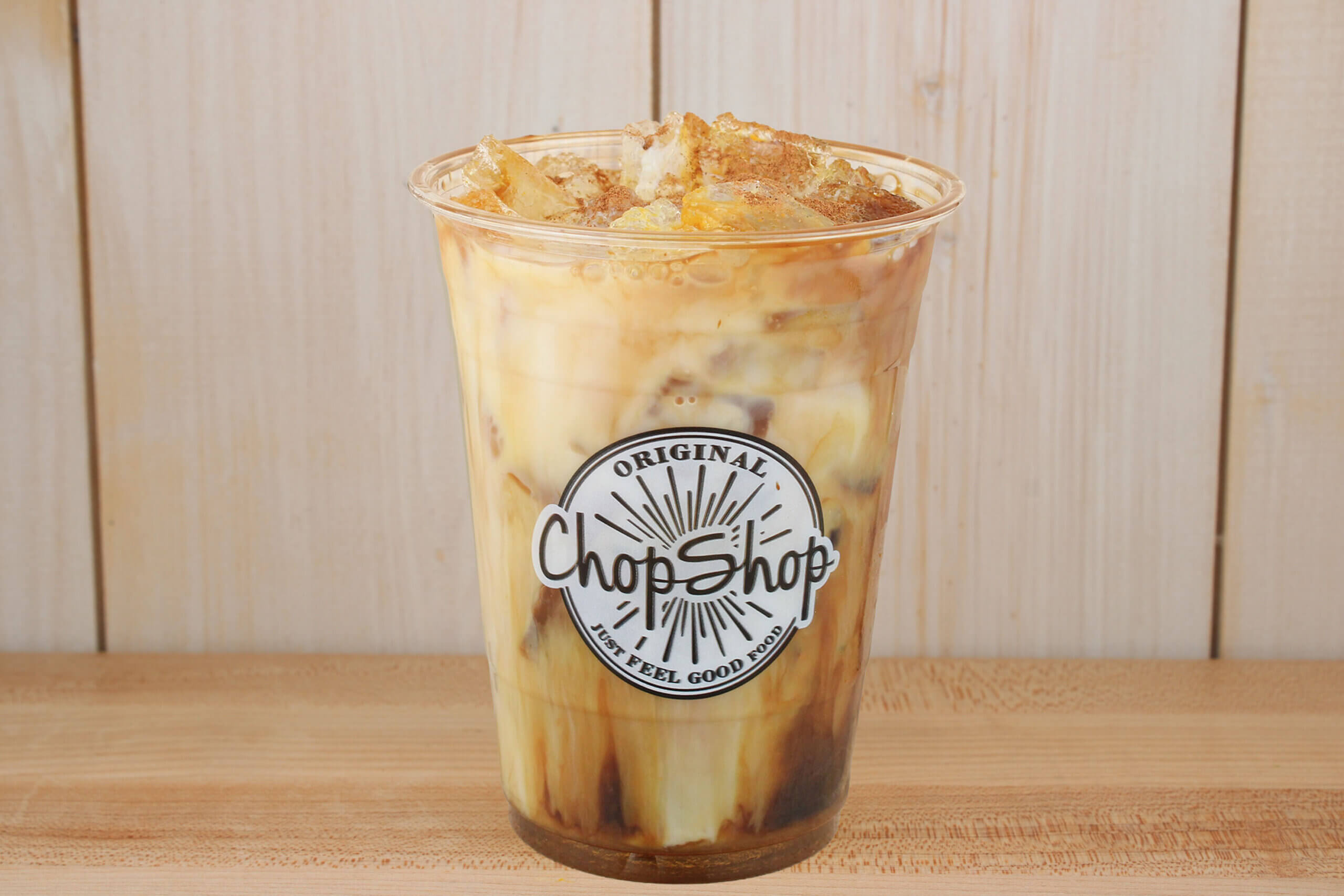 Iced latte in clear cup